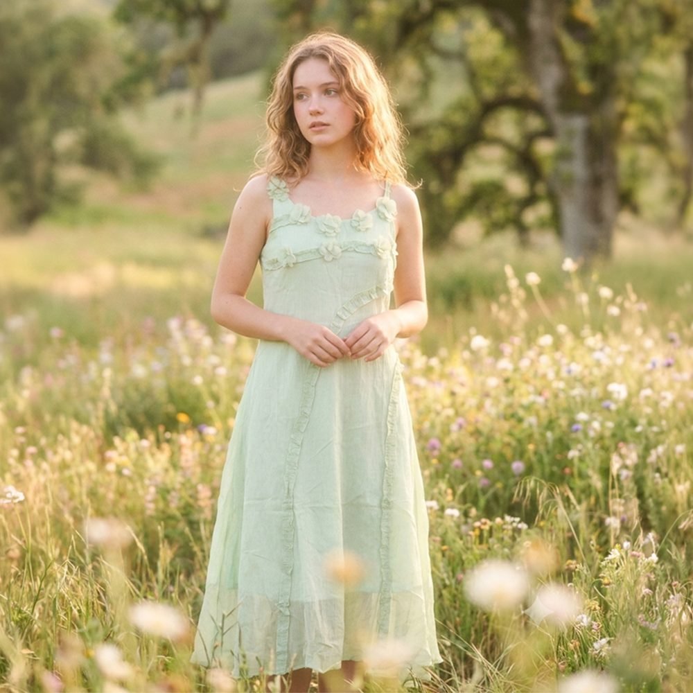 Floral Appliqué Ruffle Slip Maxi Dress